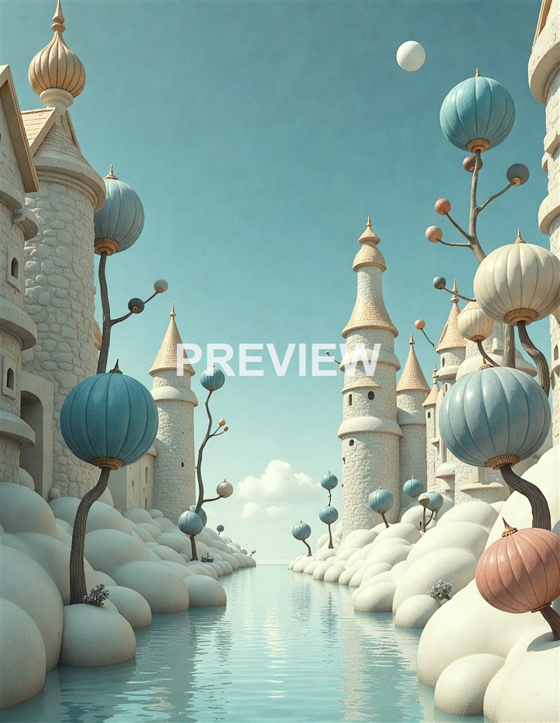 The image depicts a fantastical landscape with tall, whimsical castles featuring conical spires, along with unusual, curving trees with round, balloon-like foliage, all set along a calm body of water under a bright blue sky with floating spherical objects.